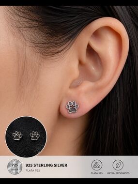 Sterling Silver Paw Print Stud Earrings - Silver